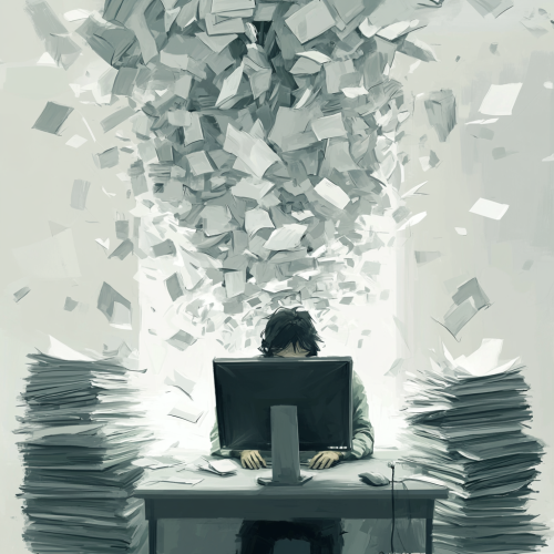 Person with lots of papers and computer work tasks