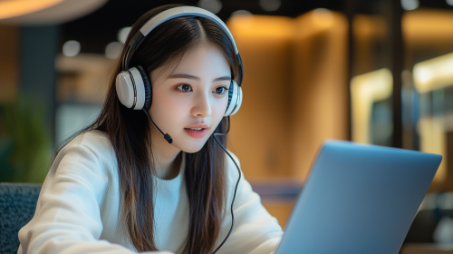 Photo of Asian woman talking to client on laptop.