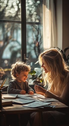 Photo of elegant woman and son at table smiling.
