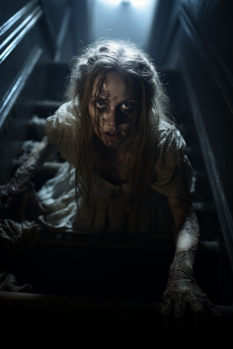 Photo of scary demon girl crawling down stairs.