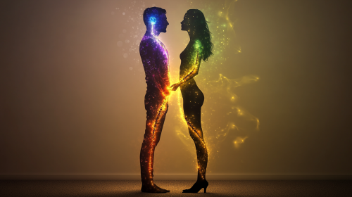 Photorealistic Full Body Man Woman Color-Coded Chakras Energy Exchange