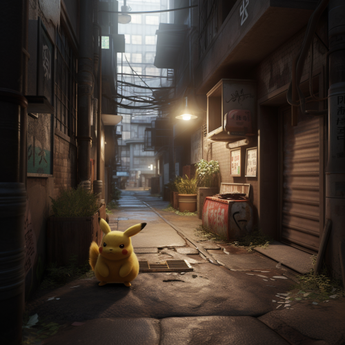 Photorealistic Pikachu with fluffy fur in Japanese alleyway Photorealistic Pikachu with fluffy fur in Japanese alleyway