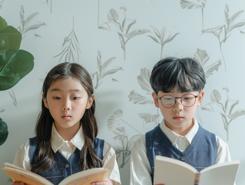 Photorealistic image of Korean middle school students studying English