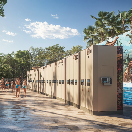 Photorealistic image of RFID lockers in waterpark setting. Photorealistic image of RFID lockers in waterpark setting.