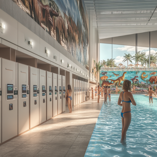Photorealistic image of RFID lockers with dinosaur murals. Photorealistic image of RFID lockers with dinosaur murals.