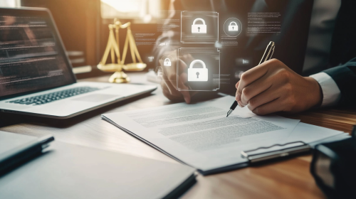 Photorealistic image of data protection law in office setting.