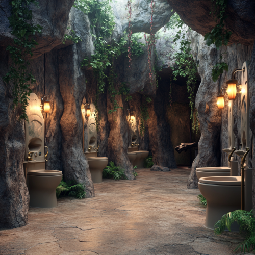 Photorealistic image of themed toilets in dinosaur waterpark.