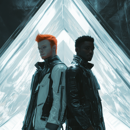 Photorealistic image of two men in futuristic clothes in tetrahedron