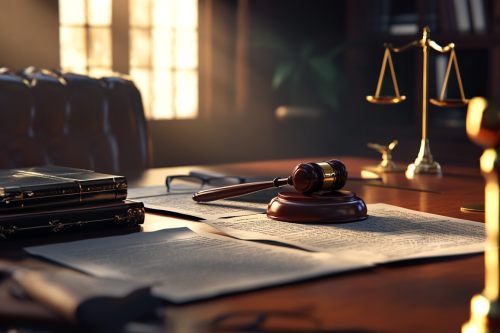 Photorealistic legal scene with judge's gavel and pen.