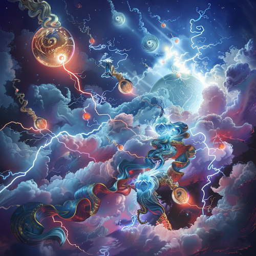 Pi Xiu Flying Among Glowing Orbs