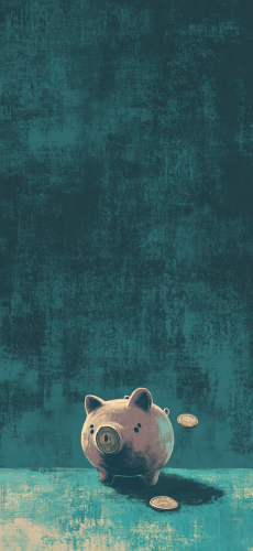 Piggy Bank with Coin Inserted, Teal Background - A fifth grader's summary title.