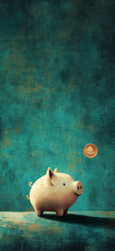 Piggy Bank with Coin on Teal Background