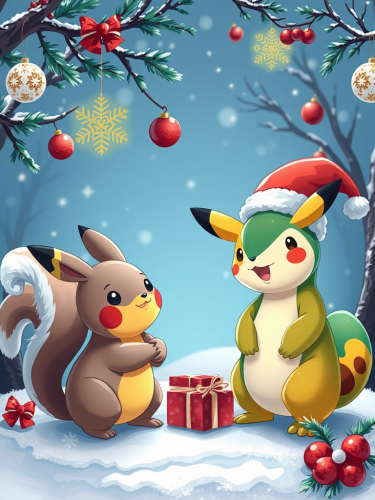 Pikachu, Squirrel, and Charmandor Celebrating Christmas