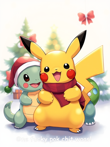 Pikachu, Squirtle, Charmander, Bulbasaur Celebrating Christmas