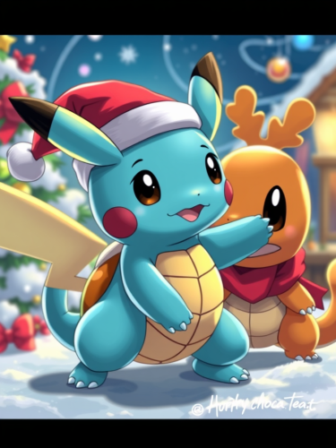 Pikachu, Squirtle, Charmander Celebrating Christmas