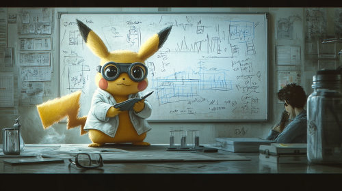 Pikachu in labcoat solves math problem on whiteboard