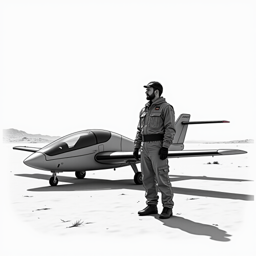 Pilot with eVTOL in Black and White Desert