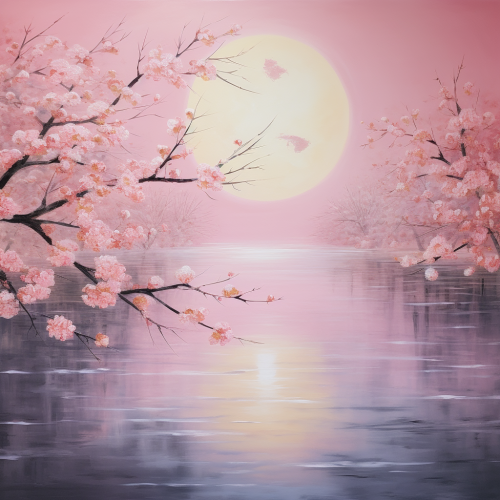 Pink Sakura Petals Falling Around Moonlit Waters