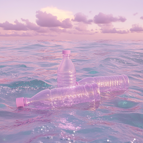 Pink and white bottles float in ocean