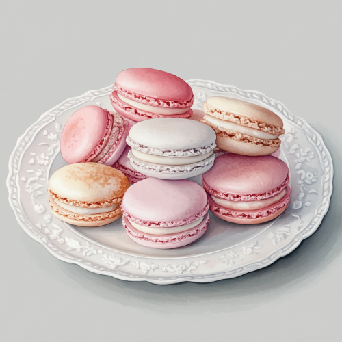 Pink and white macarons on porcelain plate