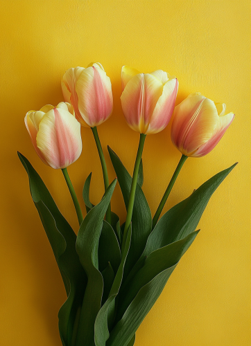 Pink and yellow tulips on yellow wall, macro photography.
