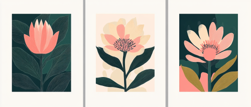 Pink flower, green leaves, bold lines, colorful prints.