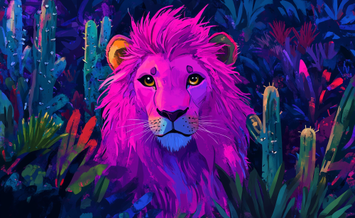 Pink lion with big eyes in cactus garden.