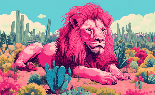 Pink lion with long hair in cactus garden, elegant.