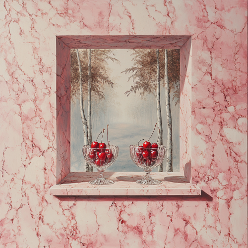Pink marble wall, square opening, cherries in goblets.