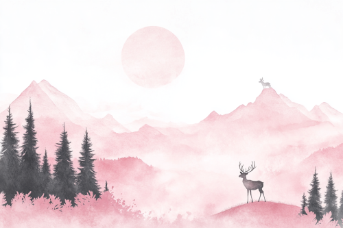 Pink sky, tall trees, mountains with deer on hill.