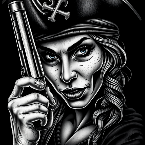 Pirate Woman With Gun Tattoo in Chicano Style