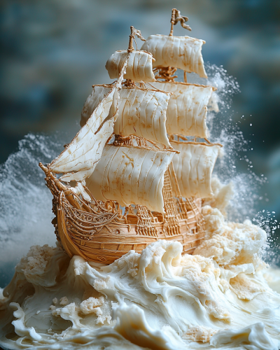 Pirate ship cake on sea with waves