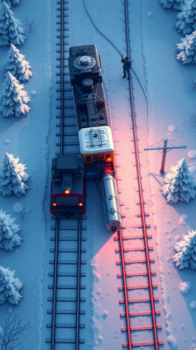 Pixel art train travels through snowy landscape game.