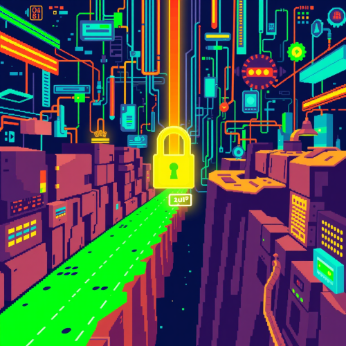 Pixelated illustration showing cybersecurity skills gap in techy game. Pixelated illustration showing cybersecurity skills gap in techy game.