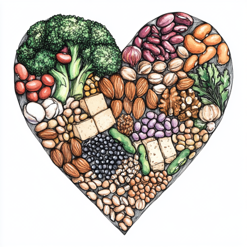Plant-based protein sources in heart-shaped illustration.