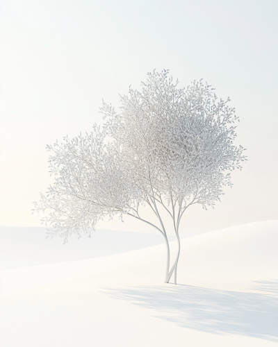 Plastic tree in empty space, white background, elegant design.