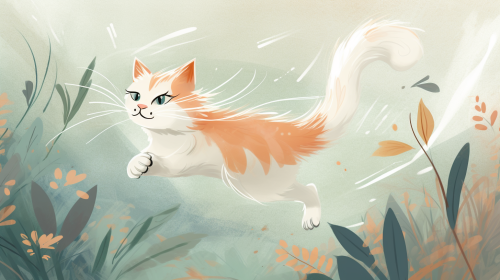 Playful Cat Jumping and Stretching Illustration in Pastel Palette