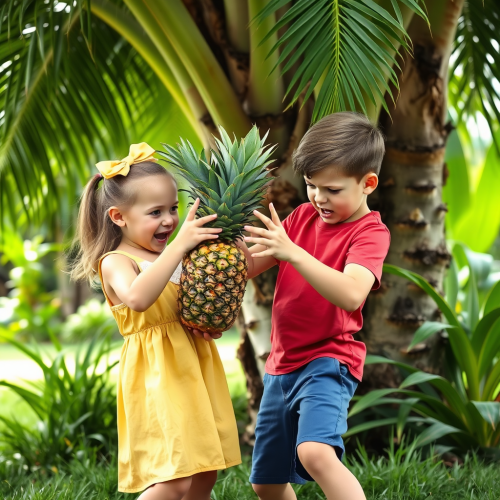 Playful Pineapple Tug-of-War Under Tropical Tree