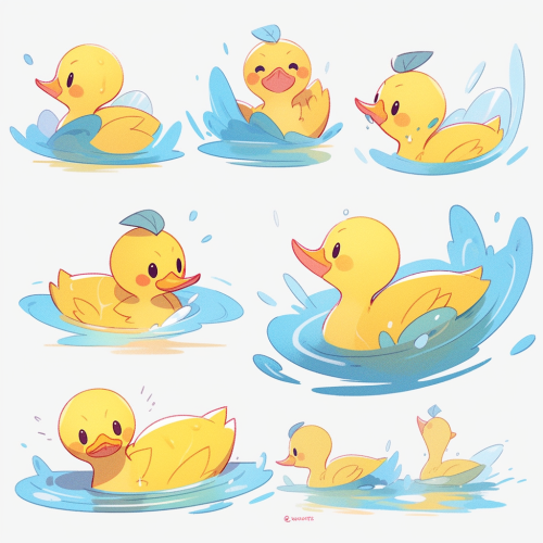 Playful cartoon ducky playing in water illustration.