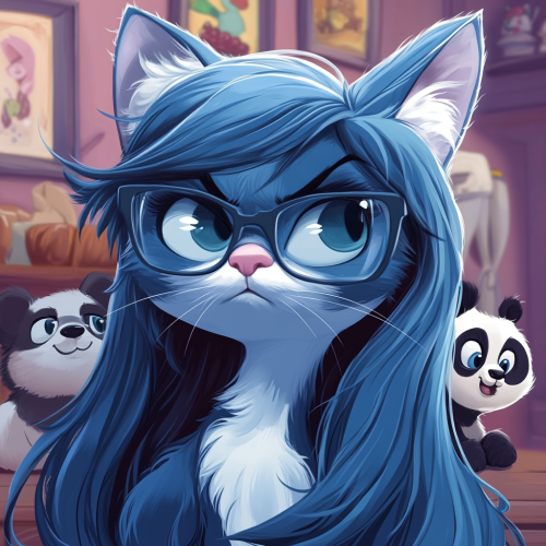 Playful cartoon of blue cat, sloth, panda cub.