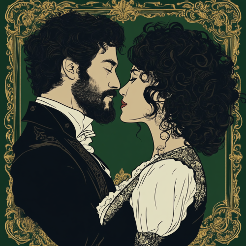 Playing cards with green ornate design, illustrated couple.