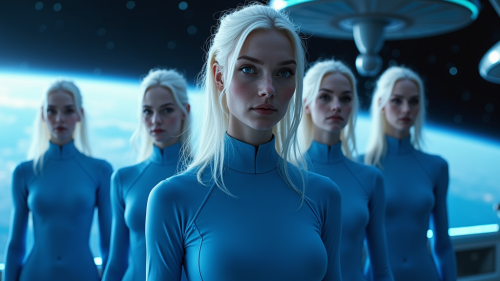 Pleiadian Crew in Blue on Starship Around Earth