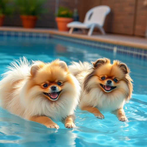 Pomeranians Having Fun in the Pool