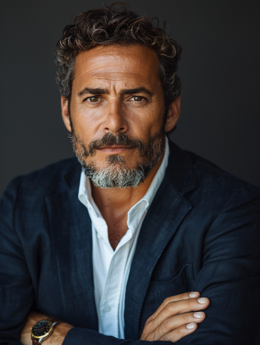 Portrait of Confident Brazilian Man in Navy Blazer