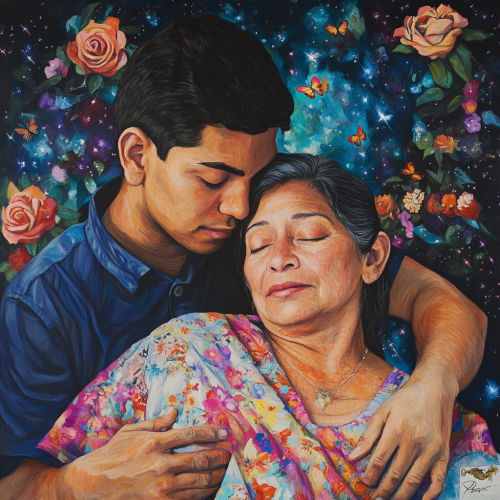 Portrait of Henry Vasquez embracing mother, radiating warmth. Portrait of Henry Vasquez embracing mother, radiating warmth.