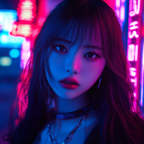 Portrait of Korean girl in cyberpunk city with neon signs.