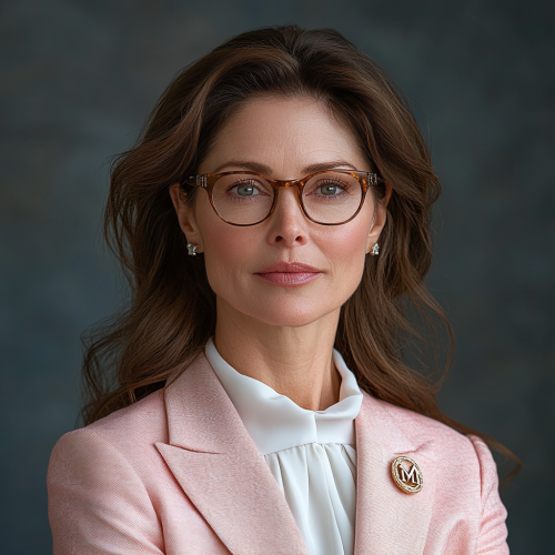 Portrait of confident 45-year-old woman in pink suit