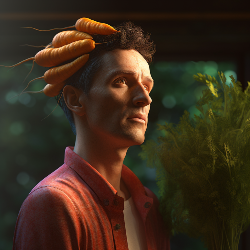Portrait of man with carrot-shaped head, redshift render