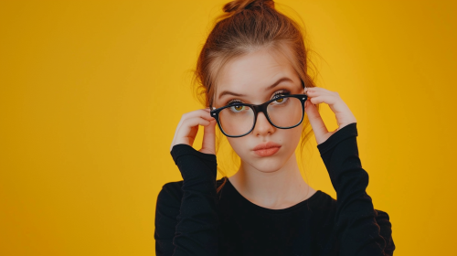 Portrait of young woman with glasses on yellow background