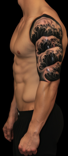 Poseidon in hyperrealistic chicano style with waves background